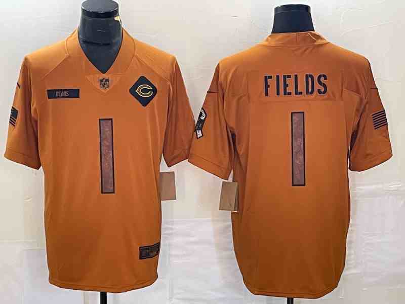 Men's Chicago Bears #1 Justin Fields 2023 Brown Salute To Service Limited Football Stitched Jersey
