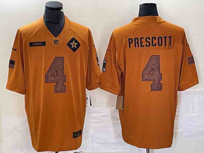 Men's Dallas Cowboys #4 Dak Prescott 2023 Brown Salute To Service Limited Football Stitched Jersey