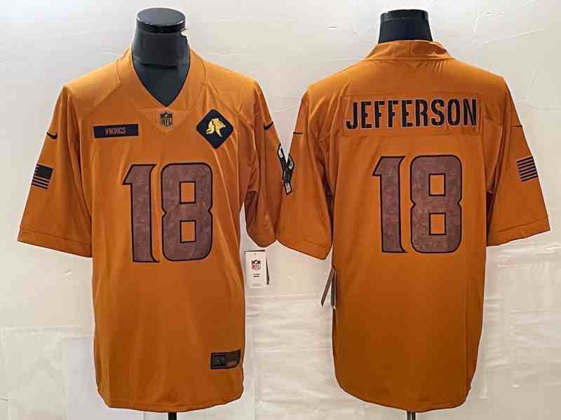 Men's Minnesota Vikings #18 Justin Jefferson 2023 Brown Salute To Service Limited Stitched Jersey