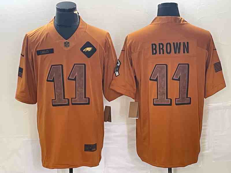 Men's Philadelphia Eagles #11 A. J. Brown 2023 Brown Salute To Service Limited Stitched Football Jersey
