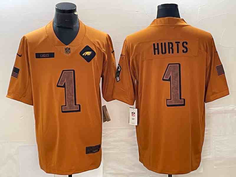 Men's Philadelphia Eagles #1 Jalen Hurts 2023 Brown Salute To Service Limited Stitched Football Jersey