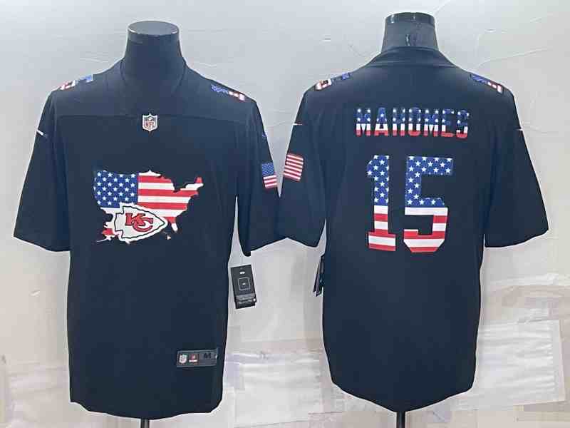 Men's Kansas City Chiefs #15 Patrick Mahomes 2022 USA Map Fashion Black Color Rush Stitched Nike Limited Jersey