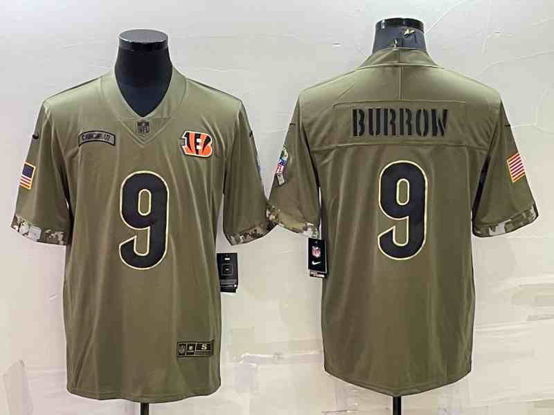Men's Cincinnati Bengals #9 Joe Burrow 2022 Olive Salute To Service Limited Stitched Jersey
