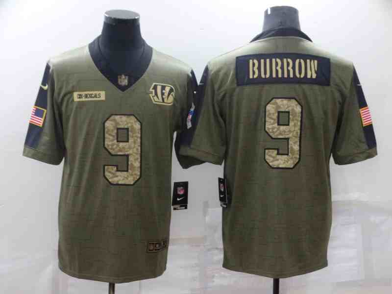 Men's Cincinnati Bengals #9 Joe Burrow 2022 Olive Salute To Service Limited Jersey