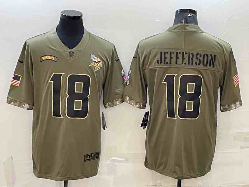 Men's Minnesota Vikings #18 Justin Jefferson 2022 Olive Salute To Service Limited Stitched Jersey