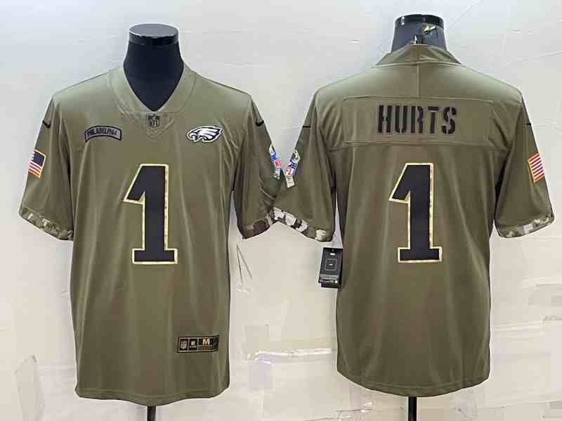 Men's Philadelphia Eagles #1 Jalen Hurts 2022 Olive Salute To Service Limited Stitched Jersey