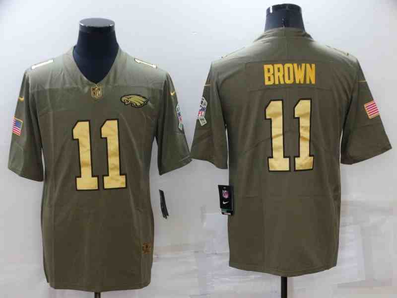 Men's Philadelphia Eagles 11 A. J. Brown 2017 Olive Gold Salute To Service Limited Stitched Jersey