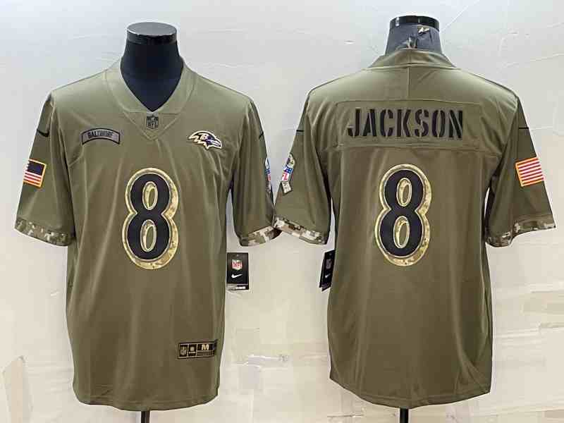 Men's Baltimore Ravens #8 Lamar Jackson 2022 Olive Salute To Service Limited Stitched Jersey