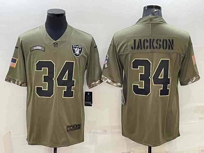 Men's Las Vegas Raiders #34 Bo Jackson 2022 Olive Salute To Service Limited Stitched Jersey