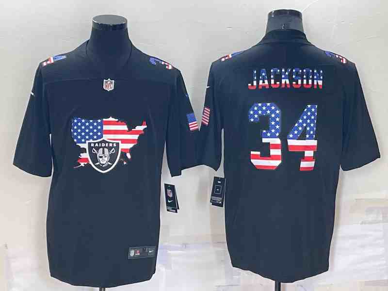 Men's Las Vegas Raiders #34 Bo Jackson 2022 USA Map Fashion Black Color Rush Stitched Nike Limited Jersey