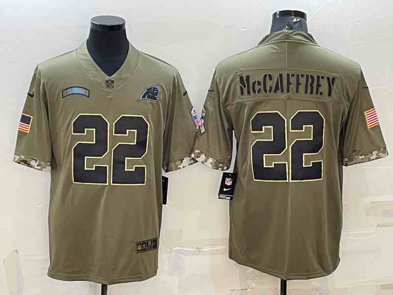 Men's Carolina Panthers #22 Christian McCaffrey Olive 2022 Salute To Service Limited Stitched Jersey