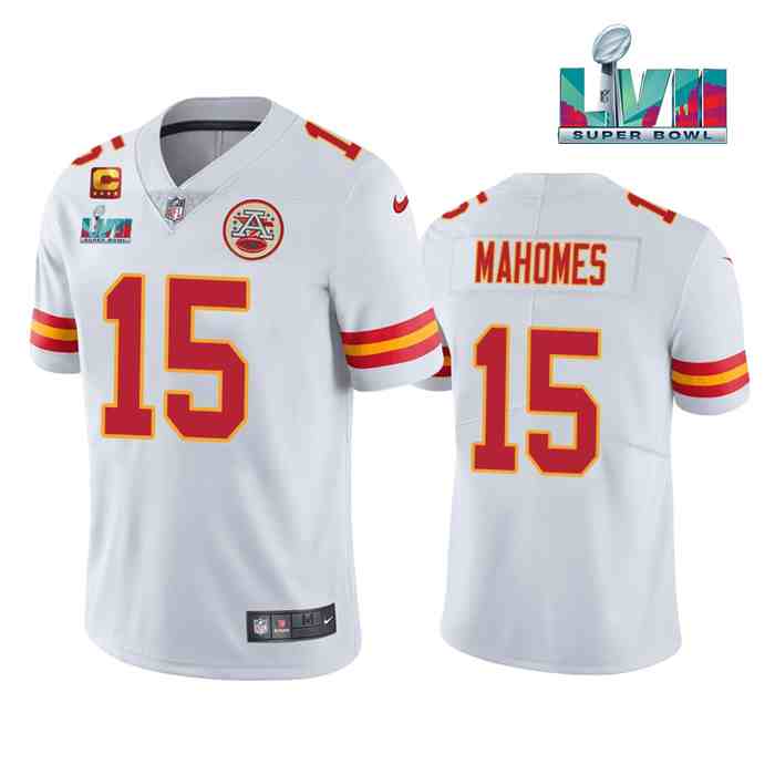 Men’s Kansas City Chiefs #15 Patrick Mahomes White Super Bowl LVII Patch And 4-Star C Patch Vapor Untouchable Limited Stitched Jersey