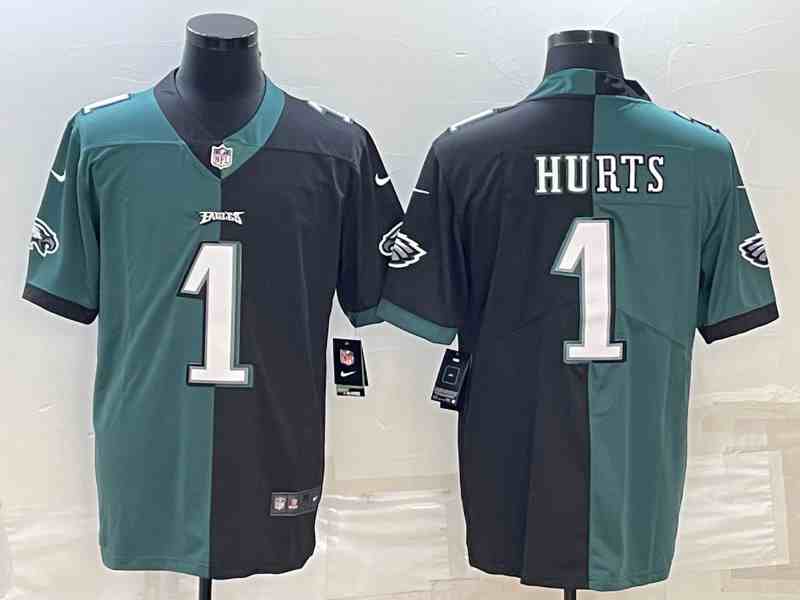 Men's Philadelphia Eagles #1 Jalen Hurts Black & Green Split Limited Stitched Jersey