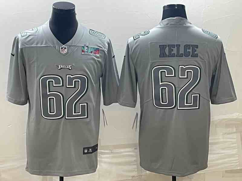 Men's Philadelphia Eagles #62 Jason Kelce Gray Super Bowl LVII Patch Atmosphere Fashion Stitched Jersey