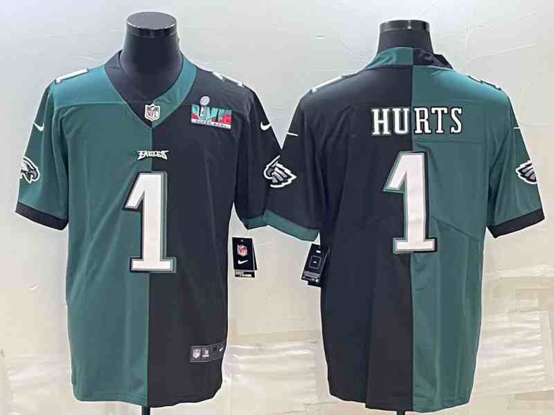 Men's Philadelphia Eagles #1 Jalen Hurts Black & Green Split Super Bowl LVII Patch Limited Stitched Jersey