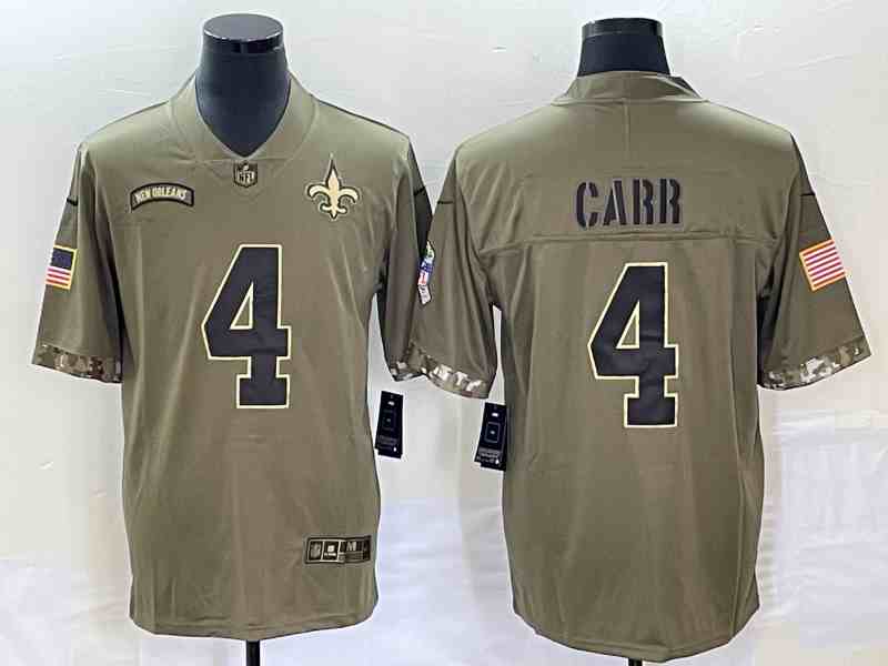 Men's New Orleans Saints #4 Derek Carr Olive Salute To Service Limited Stitched Jersey