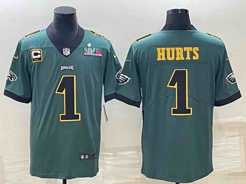 Men's Philadelphia Eagles  Jalen Hurts Green Super Bowl LVII Patch Gold C Patch Vapor Limited Jersey