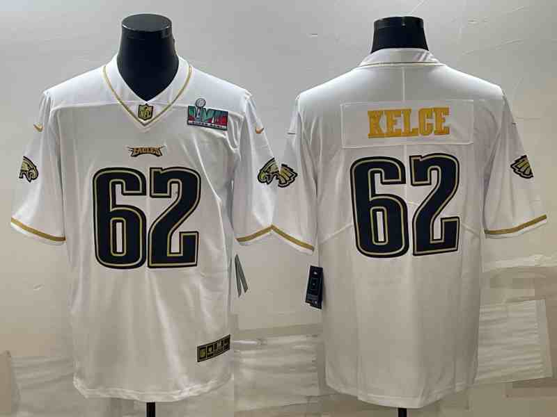 Men's Philadelphia Eagles #62 Jason Kelce White Golden Super Bowl LVII Patch Limited Stitched Jersey