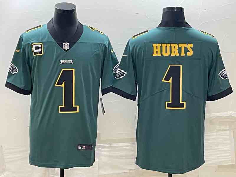 Men's Philadelphia Eagles  Jalen Hurts Green Gold C Patch Vapor Limited Jersey