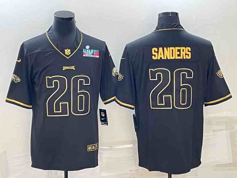 Men's Philadelphia Eagles #26 Miles Sanders Black Golden Super Bowl LVII Patch Edition Stitched Football Jersey