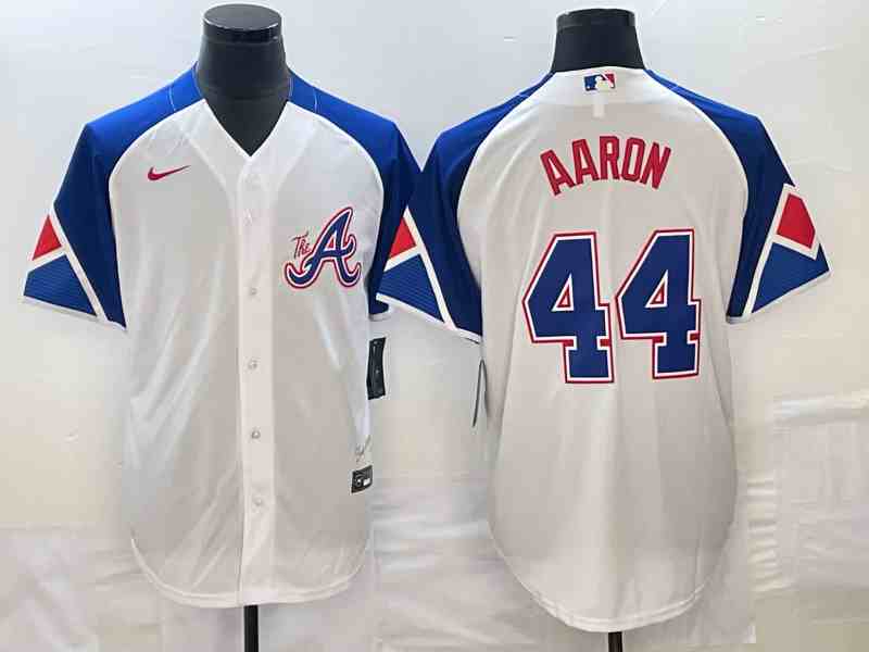 Men's Atlanta Braves #44 Hank Aaron White 2023 City Connect Cool Base Stitched Jersey (2)