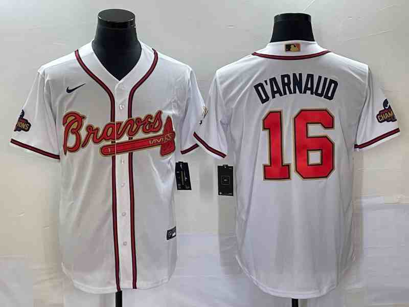 Men's Atlanta Braves #16 Travis dArnaud 2022 White Gold World Series Champions Program Cool Base Stitched Baseball Jersey