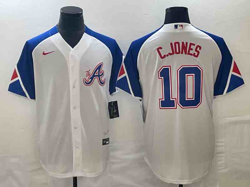 Men's Atlanta Braves #10 Chipper Jones White 2023 City Connect Cool Base Stitched Baseball Jersey