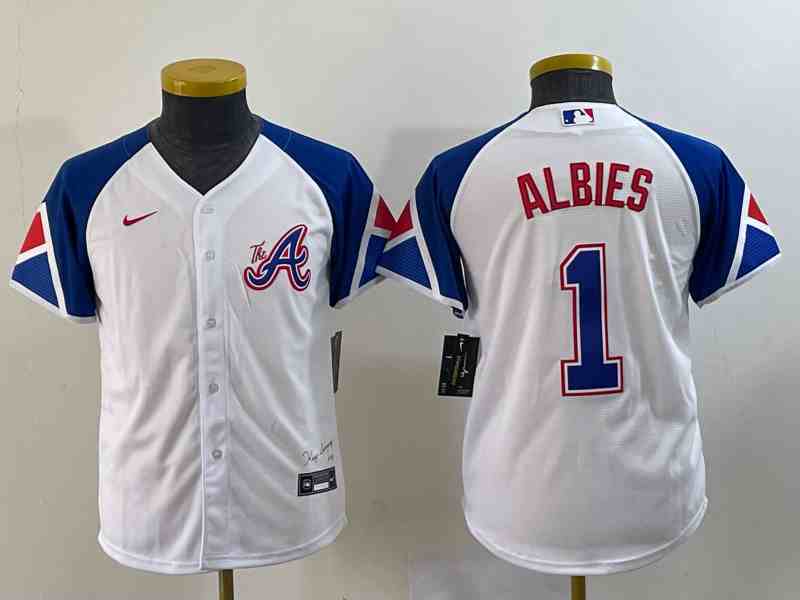 Youth Atlanta Braves #1 Ozzie Albies White 2023 City Connect Cool Base Stitched Jersey