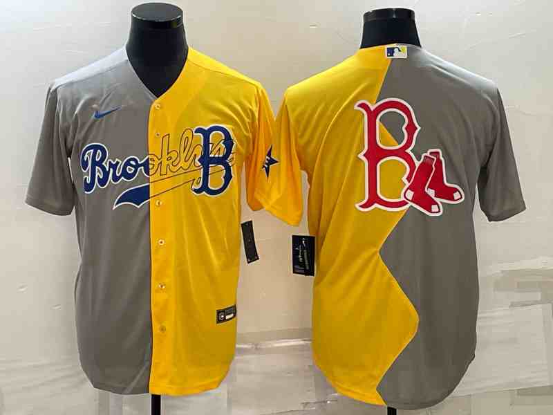 Men's Boston Red Sox Big Logo Grey Yellow Split Cool Base Stitched Jersey