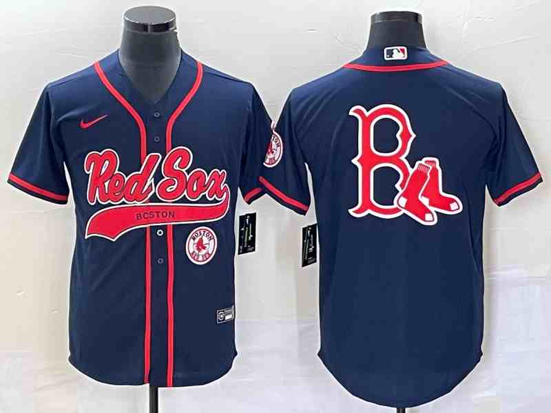 Men's Boston Red Sox Red Team Big Logo With Patch Cool Base Stitched Baseball Blue Jersey2
