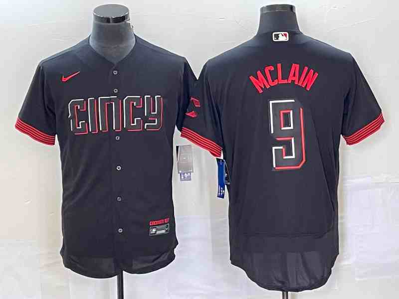Men's Cincinnati Reds #9 Matt McLain Black 2023 City Connect Flex Base Stitched Jersey 1