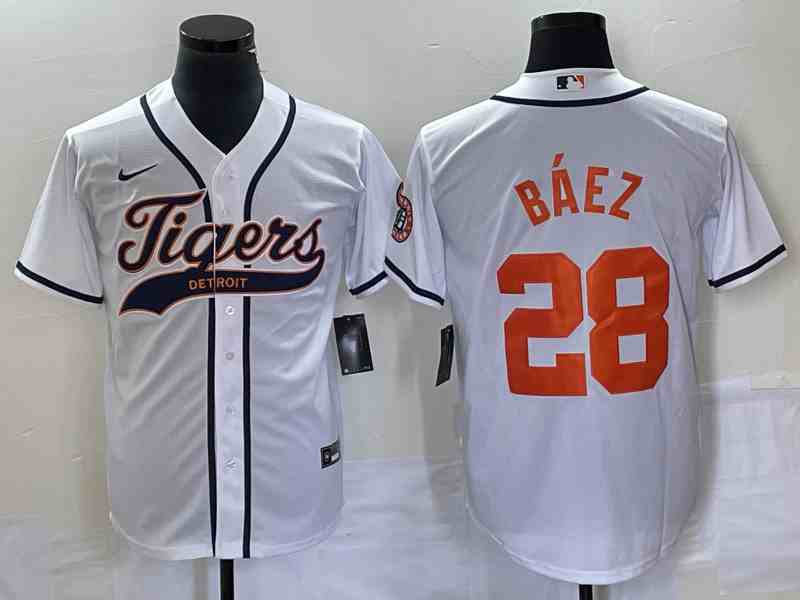 Men's Detroit Tigers #28 Javier Báez White Cool Base Stitched Baseball Jersey