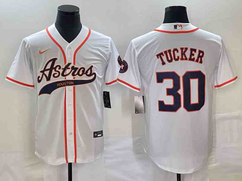 Men's Houston Astros #30 Kyle Tucker White With Patch Cool Base Stitched Baseball Jersey1