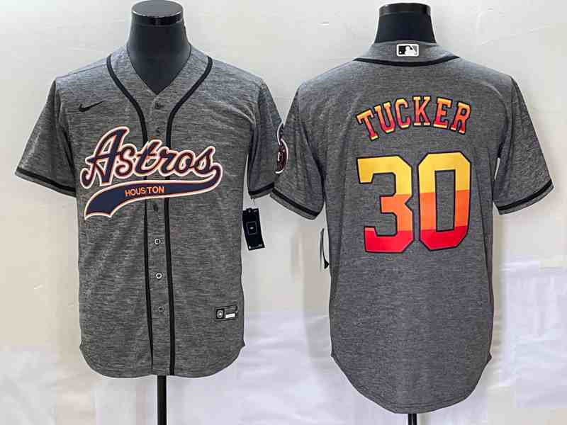 Men's Houston Astros #30 Kyle Tucker Grey With Patch Cool Base Stitched Baseball Jersey