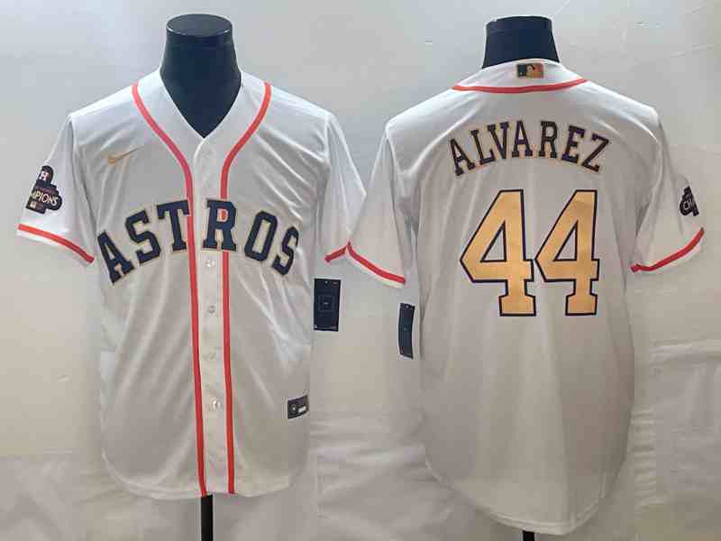Men's Houston Astros #44 Yordan Alvarez 2023 White Gold World Serise Champions Patch Cool Base Stitched Jersey