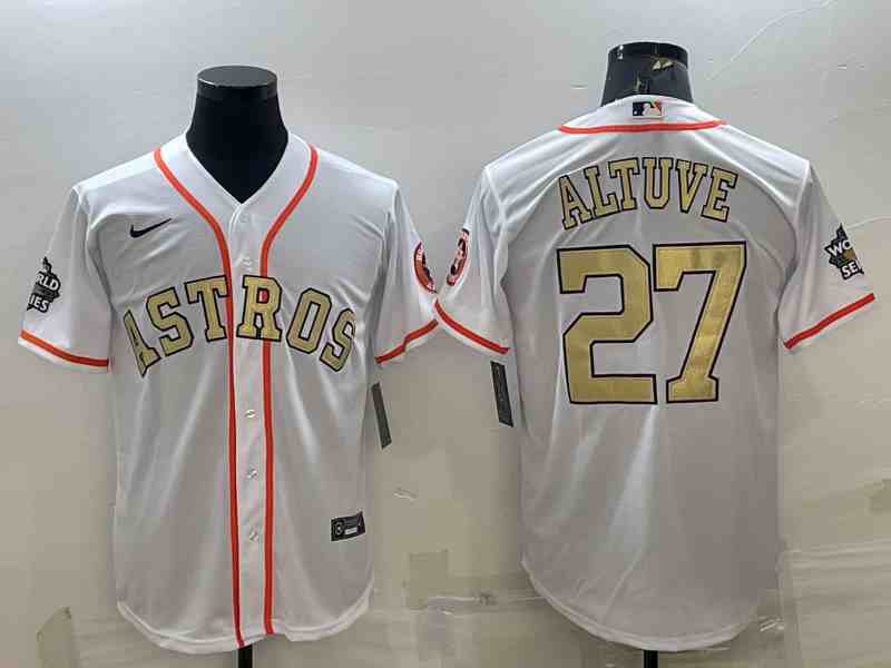 Men's Houston Astros #27 Jose Altuve White Gold 2022 World Series Champions Stitched Cool Base Nike Jersey