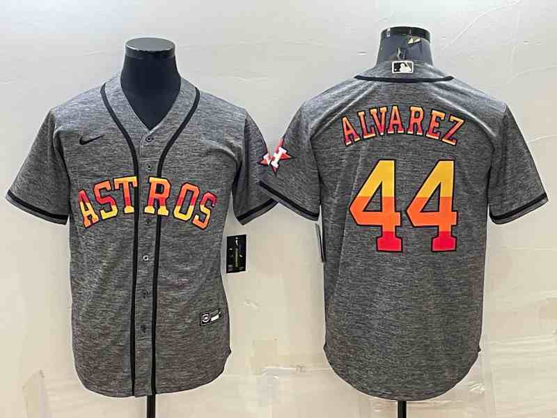 Men's Houston Astros #44 Yordan Alvarez Grey Gridiron With Patch Cool Base Stitched Baseball Jersey