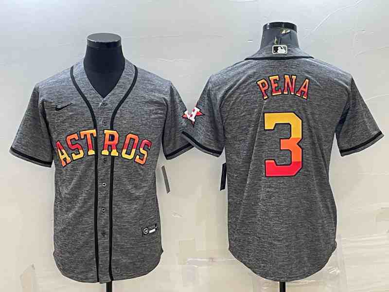 Men's Houston Astros #3 Jeremy Pena Grey Gridiron With Patch Cool Base Stitched Baseball Jersey
