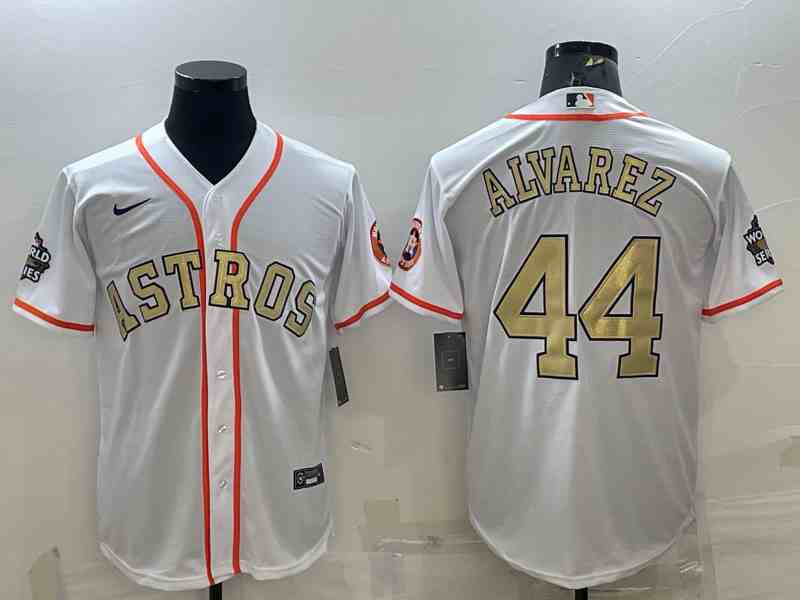 Men's Houston Astros #44 Yordan Alvarez White Gold 2022 World Series Champions Stitched Cool Base Nike Jersey1