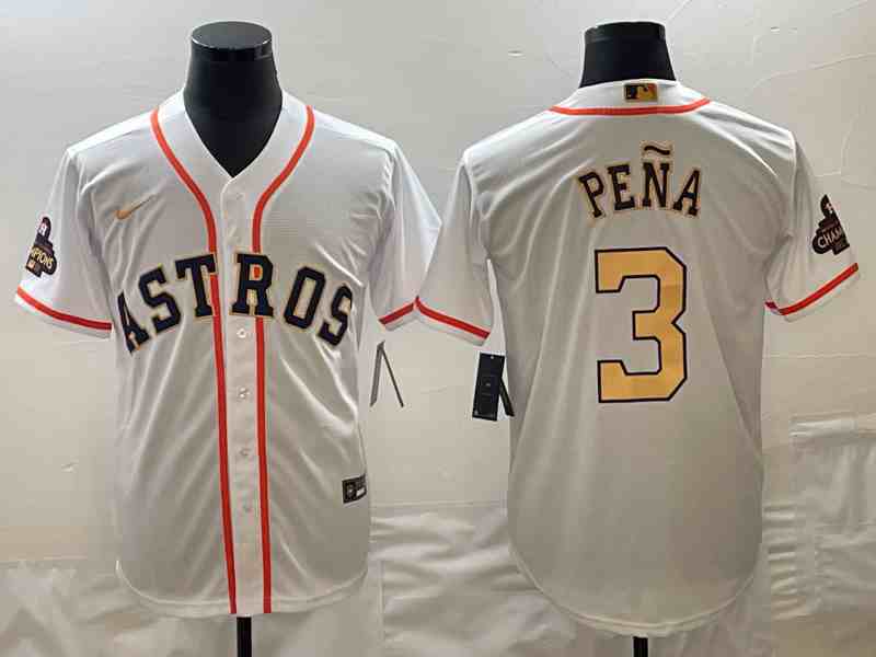 Men's Houston Astros #3 Jeremy Pena 2023 White Gold World Serise Champions Patch Cool Base Stitched Jersey