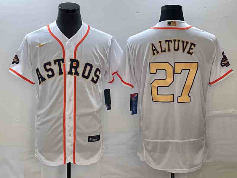 Men's Houston Astros #27 Jose Altuve 2023 White Gold World Serise Champions Patch Flex Base Stitched Jersey