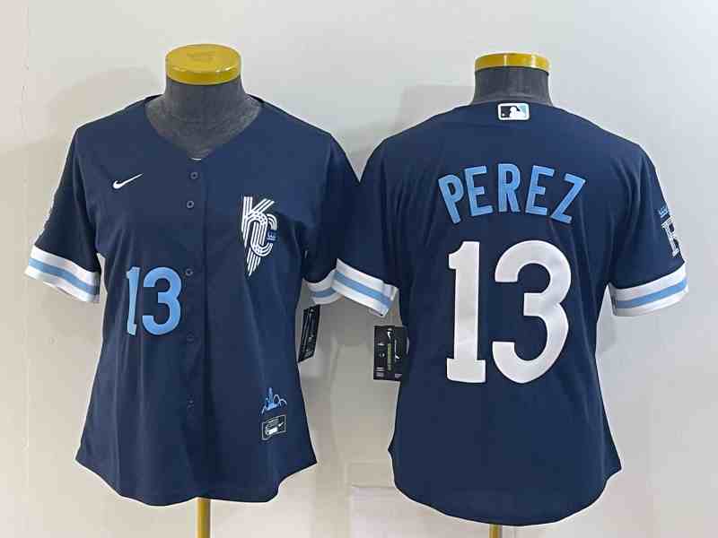 Youth Kansas City Royals #13 Salvador Perez 2022 Navy City Connect Cool Base Jersey
