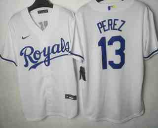 Men's Kansas City Royals #13 Salvador Perez White Cool Base Stitched MLB Jersey