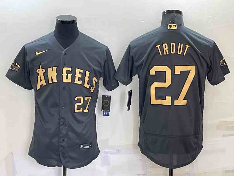 Men's Los Angeles Angels #27 Mike Trout Grey 2022 All Star Stitched Flex Base Nike Jersey