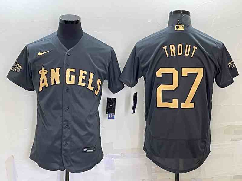 Men's Los Angeles Angels #27 Mike Trout Number Grey 2022 All Star Stitched Flex Base Nike Jersey