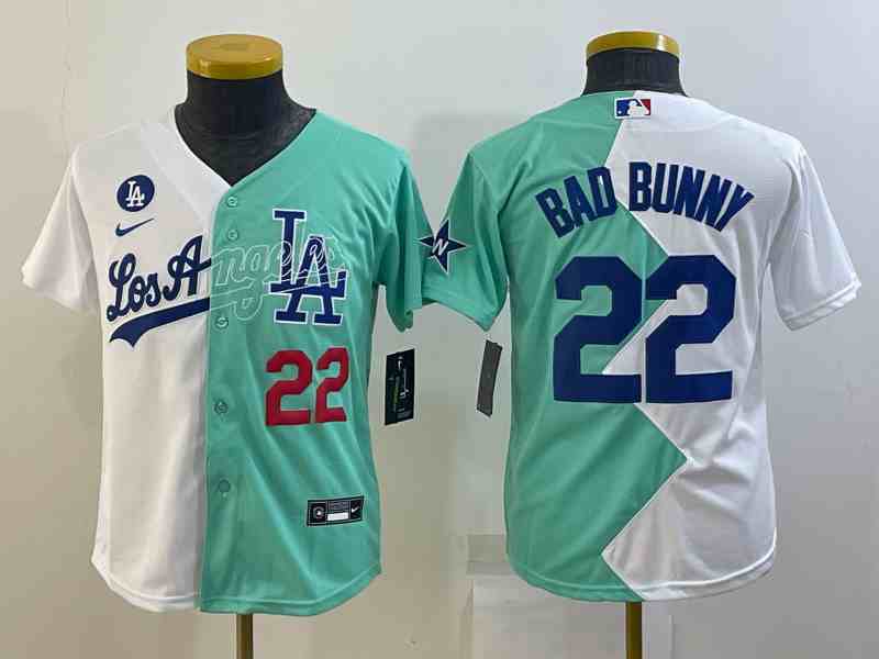 Youth Los Angeles Dodgers #22 Bad Bunny 2022 All-Star WhiteGreen Split Stitched Baseball Jersey