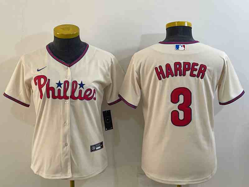 Women's Philadelphia Phillies #3 Bryce Harper Cream Cool Base Stitched Baseball Jersey
