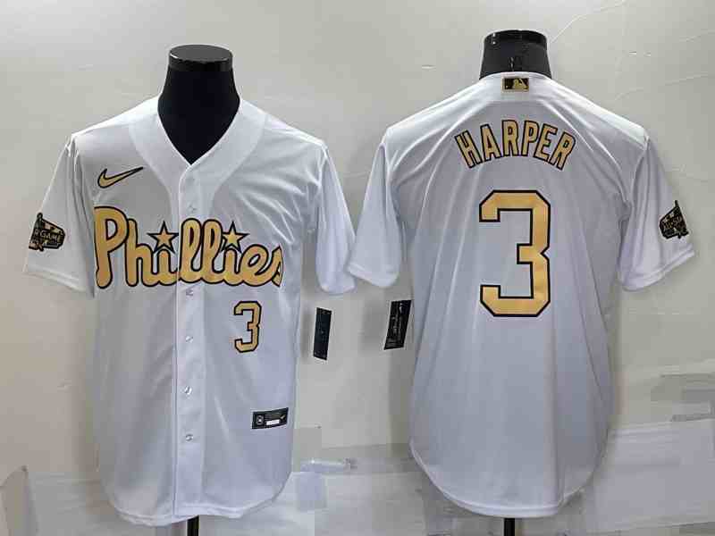 Men's Philadelphia Phillies #3 Bryce Harper White Golden Stitched MLB Jersey