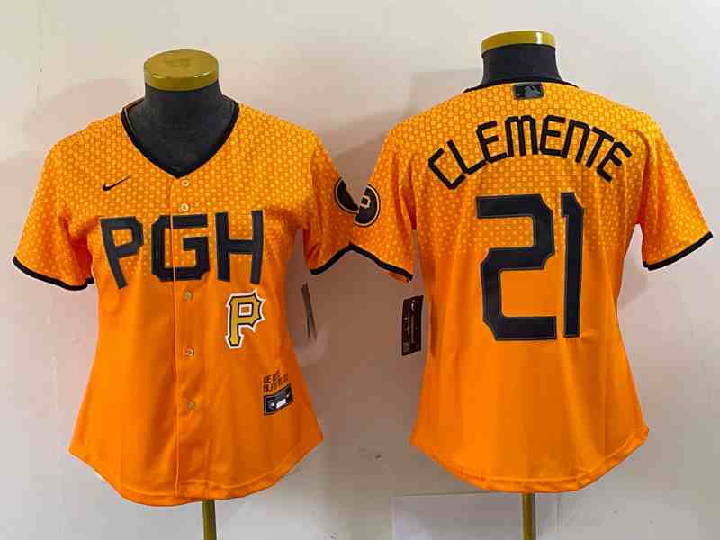 Women's Pittsburgh Pirates #21 Roberto Clemente Yellow 2023 City Connect Stitched Jersey1