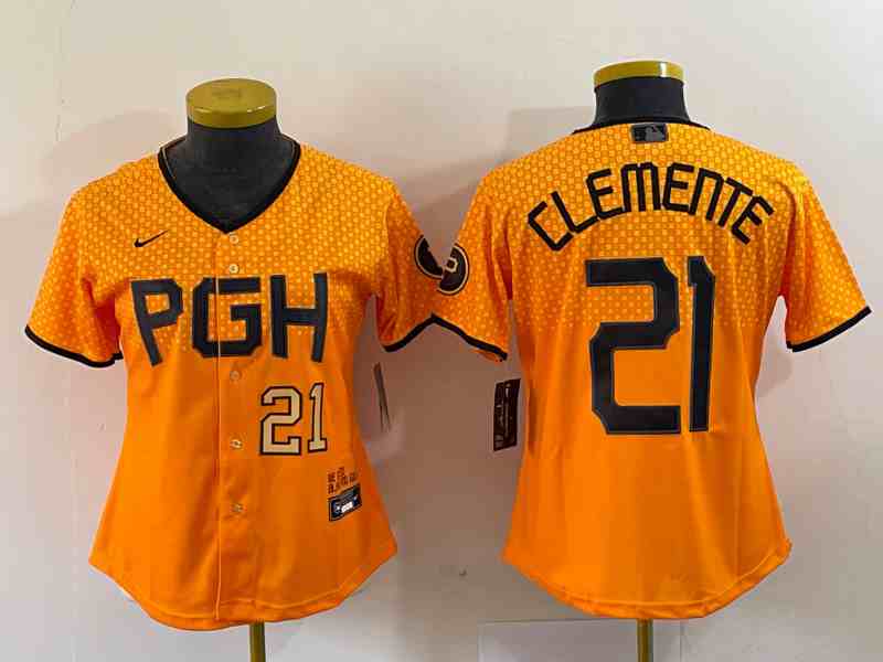 Women's Pittsburgh Pirates #21 Roberto Clemente Number Yellow 2023 City Connect Stitched Jersey2
